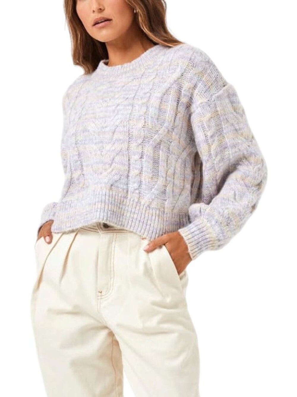 L*Space Purple Cream Cropped Sweater Chunky Cable Knit Ojai Size M